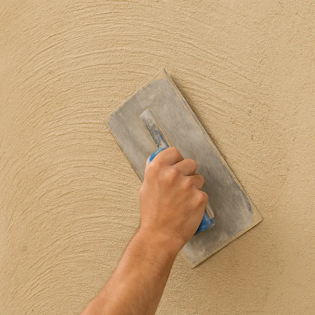 Hand, die Lehmputz mit einem Kellenbrett aufträgt – Werte praktisch umgesetzt.