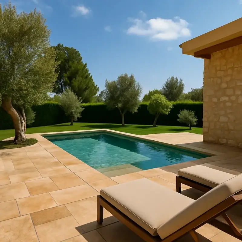 mallorca terrasse mit pool und liegen