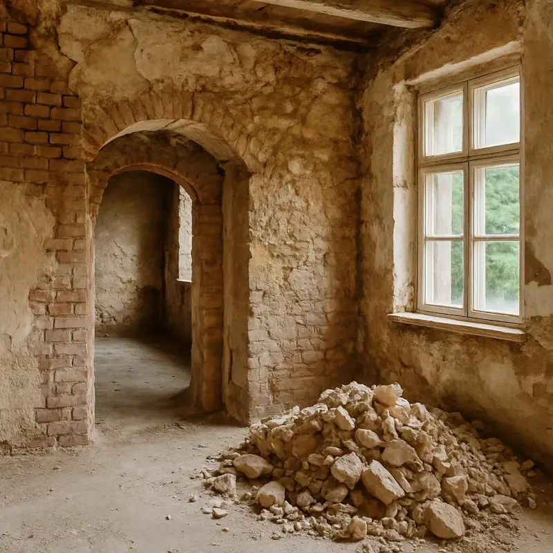 sanierung altbau innenraum ziegel schutt und fenster