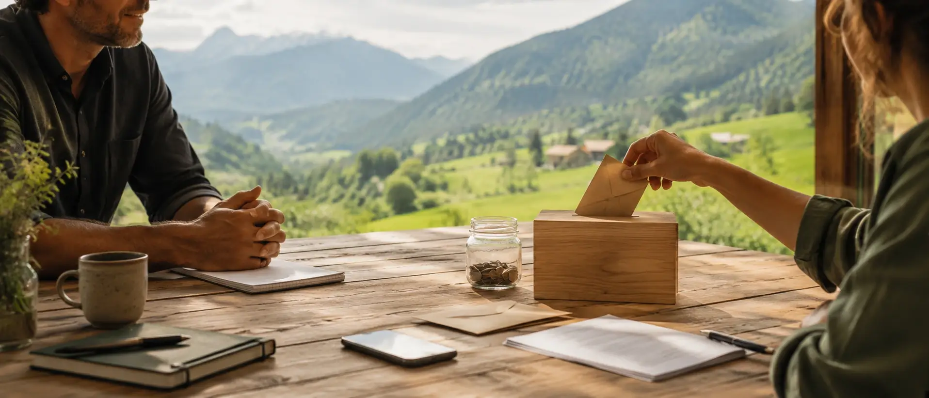 eine person gibt freiwillige unterstuetzung in eine holzbox daneben unterlagen und muenzen auf einem holztisch mit bergblick