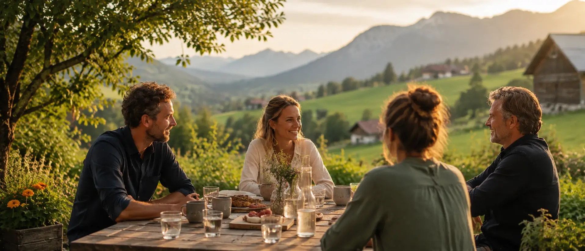 menschen sitzen gemeinsam im garten an einem holztisch mit blick auf berge und landschaft