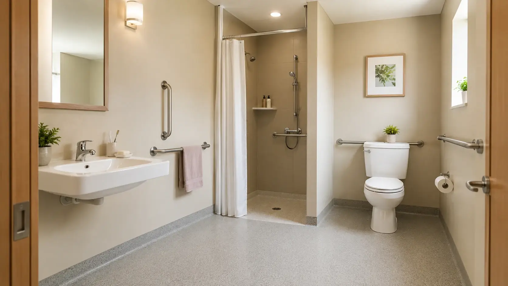 heller bad und wc bereich mit wasser pflanzen ruhigen flaechen und wohnlicher atmosphaere