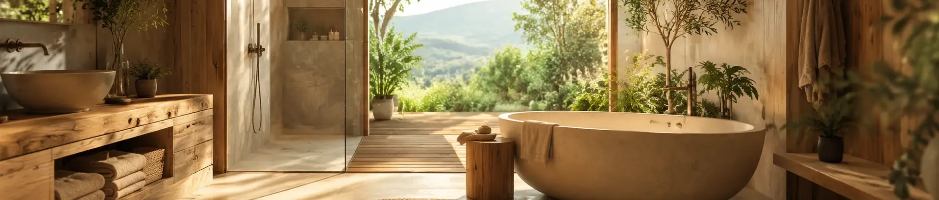 Helles Spa-Badezimmer mit Blick in den Garten