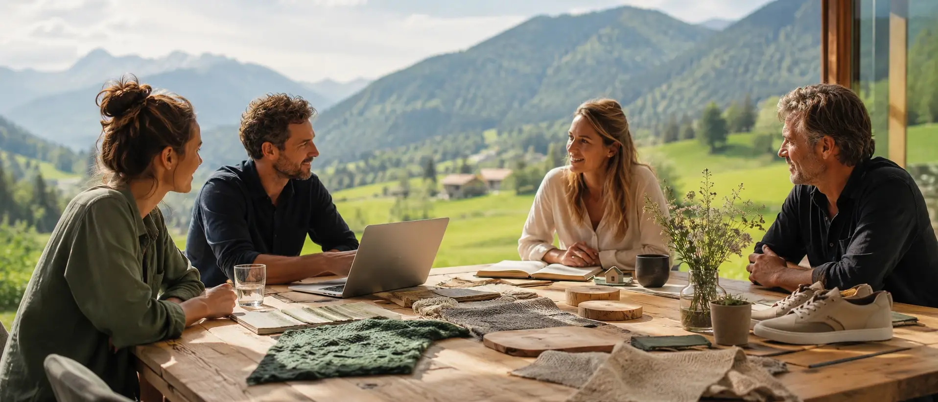menschen besprechen nachhaltige materialien und regionale zusammenarbeit an einem holztisch mit bergblick