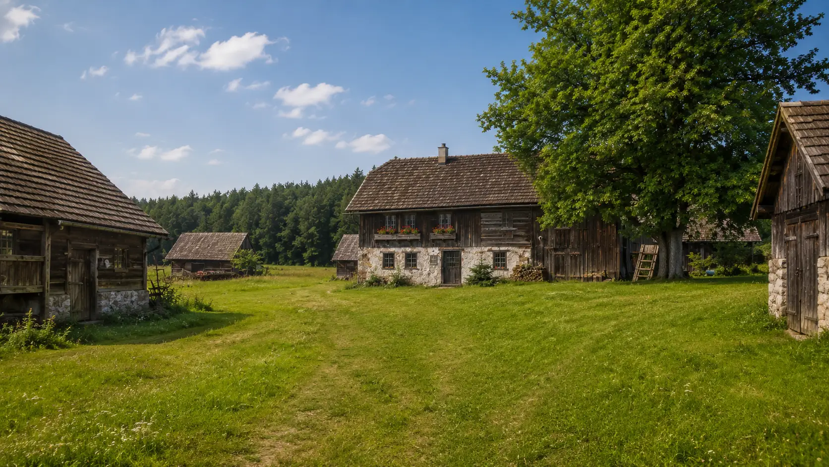 laendliche idylle mit altem sacherl wiese scheunen baum und regionaler baukultur
