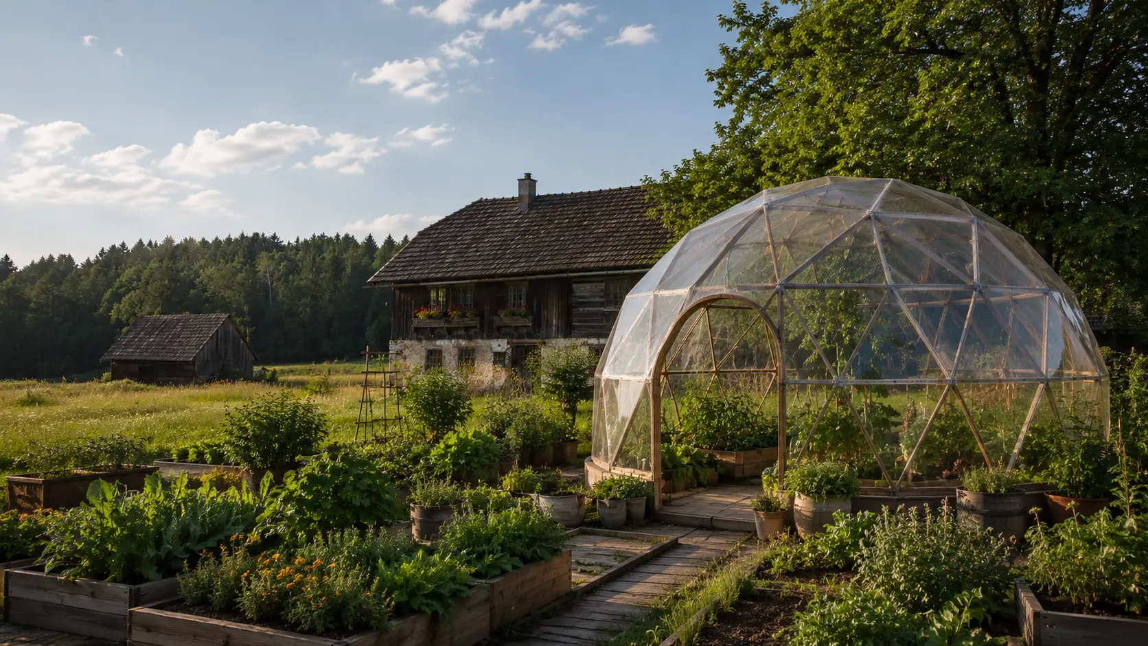 laendlicher garten mit geodome gewachshaus scheune altem sacherl und regionaler baukultur