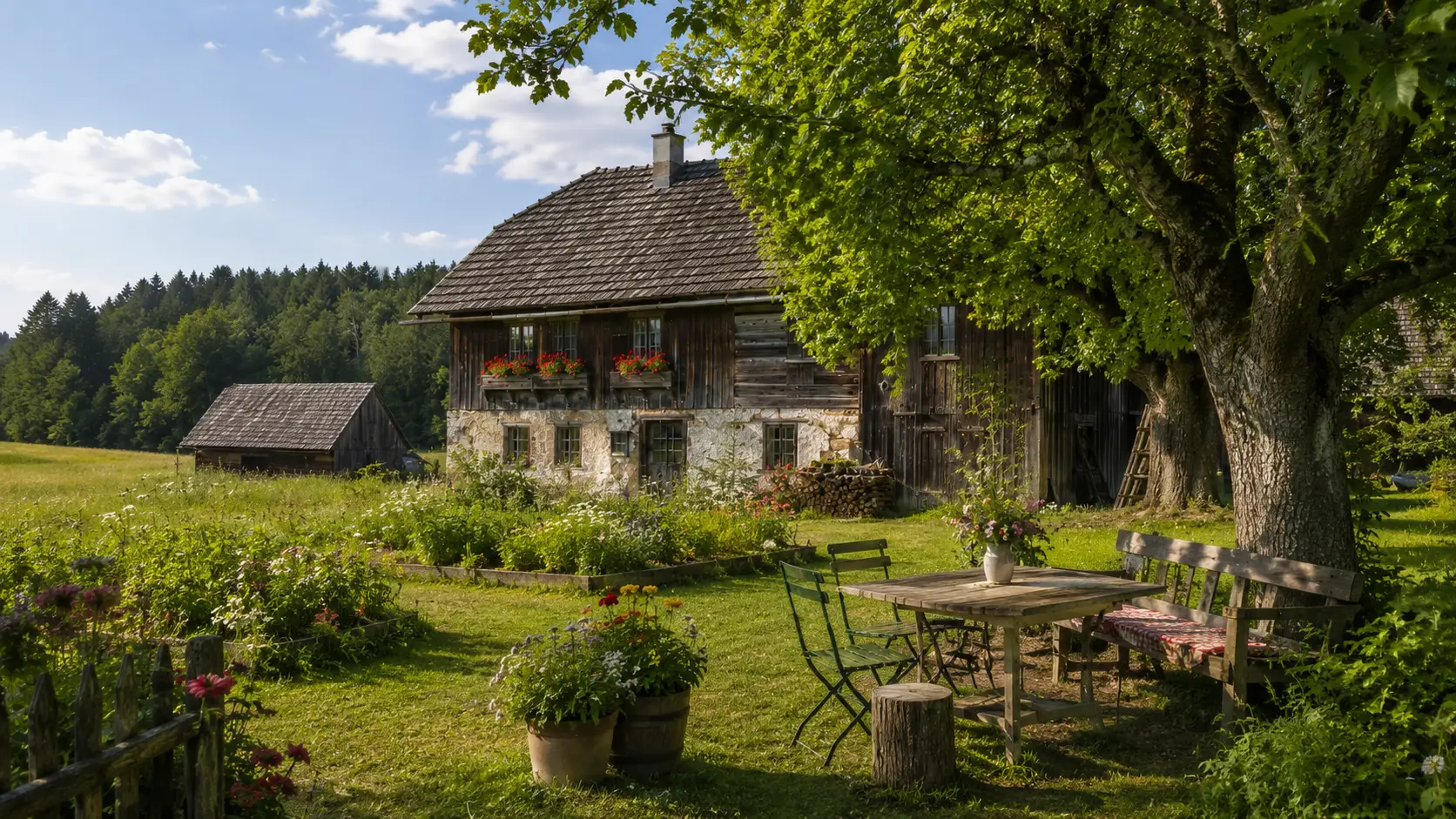 ruhiges landhaus im gruenen mit altem sacherl baum garten sitzplatz und regionaler baukultur