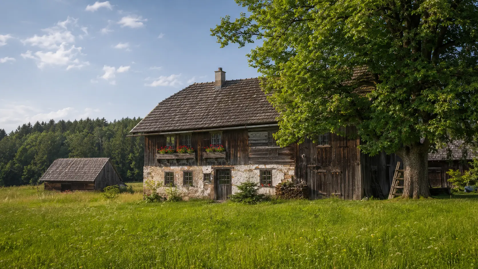 sommerlandschaft mit historischem sacherl bauernhof altem baum wiese scheune und regionaler baukultur