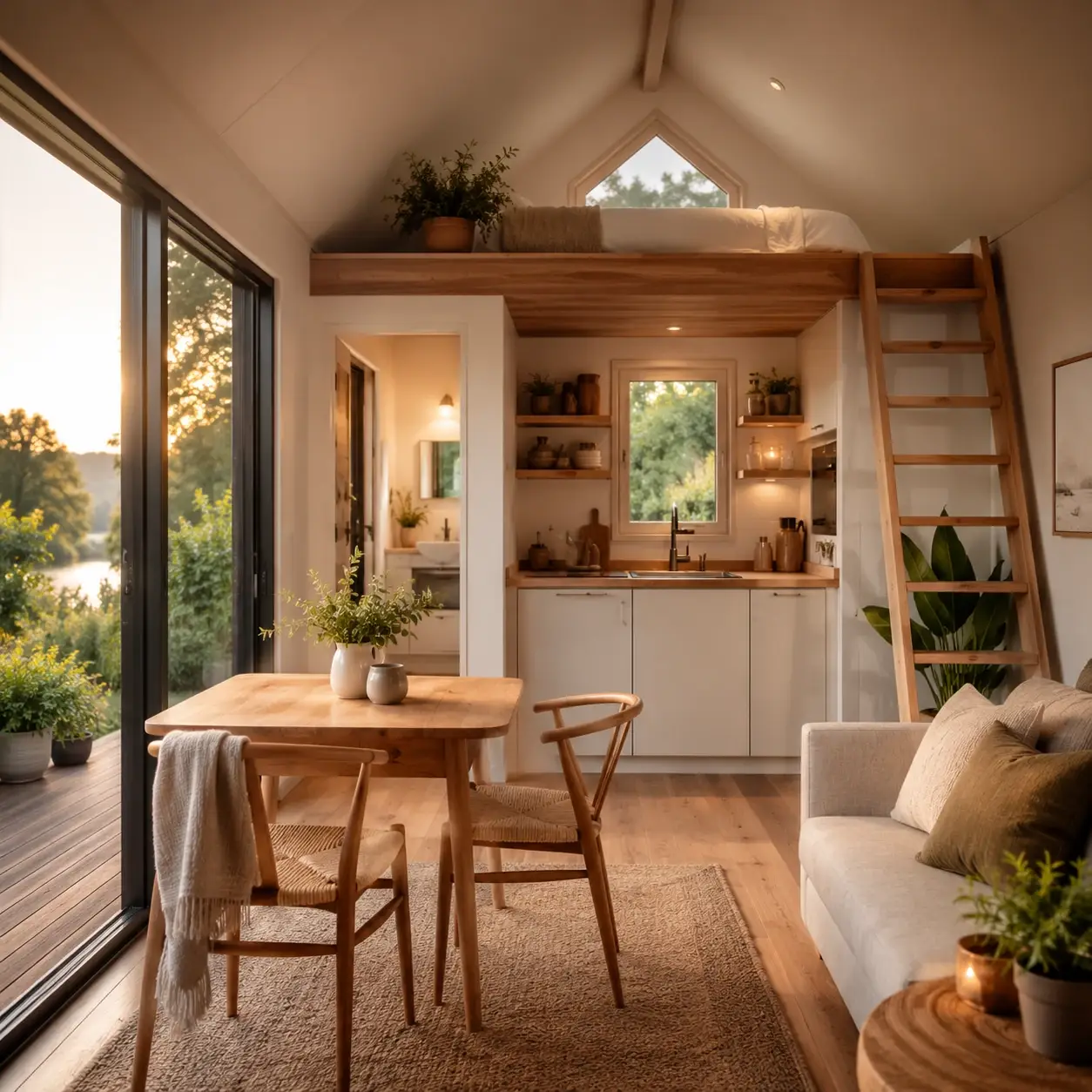 wohnmodell fuer zwei mit kleinem lebensraum holz natur und heller wohnatmosphaere