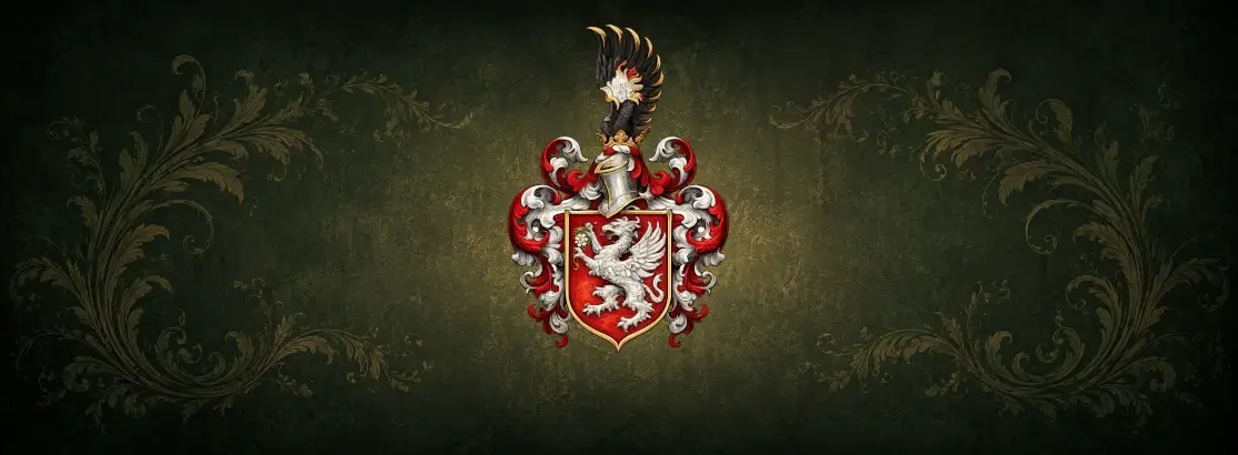 historisches wappenbanner der familie saurwein savini auf dunkelgruenem zierhintergrund